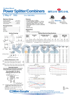 SBTC-2-10 datasheet - Power Splitter/Combiners 2 Way-0` 50 5 to 1000 MHz