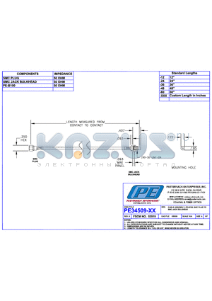 PE34509LF datasheet - CABLE ASSEMBLY PE-B100 SMC PLUG TO SMC JACK BULKHEAD