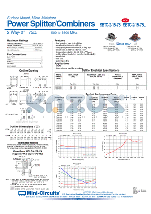 SBTC-2-15-75L datasheet - Surface Mount, Micro-Miniature Power Splitter/Combiners 2 Way-0` 75 500 to 1500 MHz