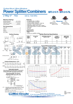 SBTC-2-15-75 datasheet - Surface Mount, Micro-Miniature Power Splitter/Combiners 2 Way-0` 75 500 to 1500 MHz