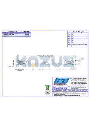 PE34520LF datasheet - CABLE ASSEMBLY RG214/U REVERSE POLARITY TNC MALE TO STANDARD BNC MALE(LEAD FREE)