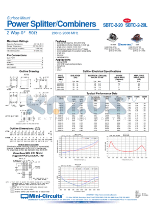 SBTC-2-20 datasheet - Power Splitter/Combiners 2 Way-0` 50 200 to 2000 MHz