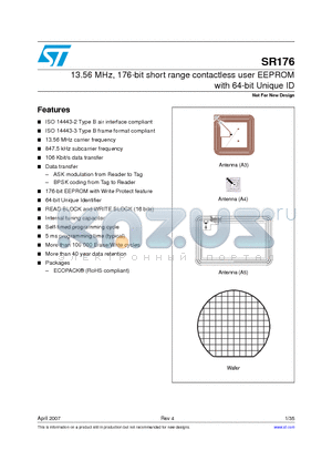 SR176_07 datasheet - 13.56 MHz, 176-bit short range contactless user EEPROM with 64-bit Unique ID