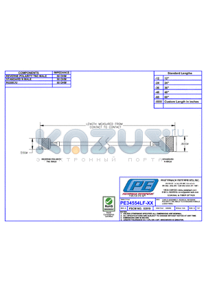 PE34554LF datasheet - CABLE ASSEMBLY RG58C/U REVERSE POLARITY TNC MALE TO STANDARD  N MALE(LEAD FREE)