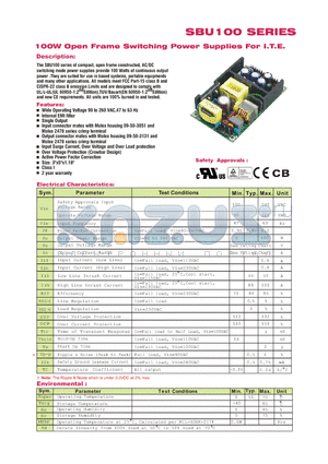 SBU100 datasheet - 100W Open frame Switching Power Supplies For I.T.E.