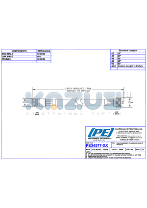 PE34577LF datasheet - CABLE ASSEMBLY PE-B405 BNC MALE TO UHF MALE