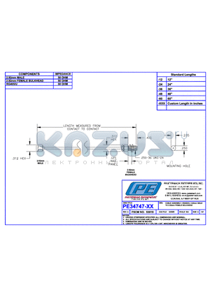 PE34747 datasheet - CABLE ASSEMBLY RG405/U 2.92mm MALE TO 2.92mm FEMALE BULKHEAD