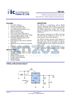 PS0100 datasheet - 600mA Synchronous Boost Converter with Output Disconnect