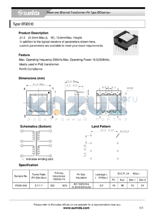 PS05-046 datasheet - Power over Ethernet Transformer<Pin Type: EFD series>