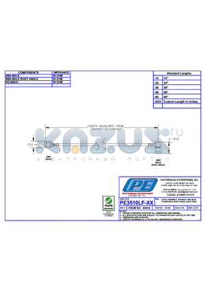 PE3510LF datasheet - CABLE ASSEMBLY RG188A/U SMA MALE TO SMA MALE RIGHT ANGLE(LEAD FREE)