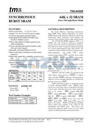 T35L6432B-10Q datasheet - 64K x 32 SRAM