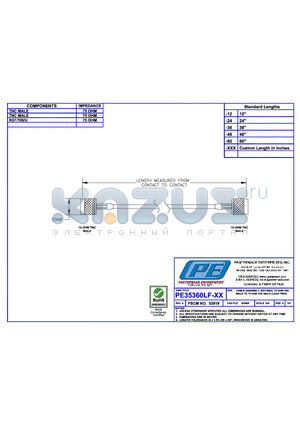 PE35360LF datasheet - CABLE ASSEMBLY RG179B/U 75 OHM TNC MALE TO  75 OHM TNC MALE(LEAD FREE)