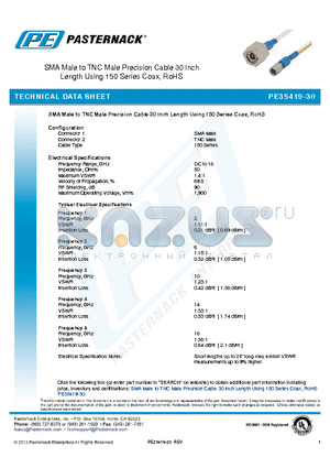 PE35419-30 datasheet - SMA Male to TNC Male Precision Cable 30 Inch Length Using 150 Series Coax, RoHS