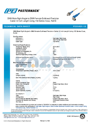 PE35421-12 datasheet - SMA Male Right Angle to SMA Female Bulkhead Precision Cable 12 Inch Length Using 150 Series Coax, RoHS