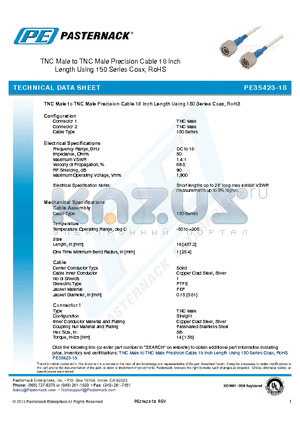 PE35423-18 datasheet - TNC Male to TNC Male Precision Cable 18 Inch Length Using 150 Series Coax, RoHS