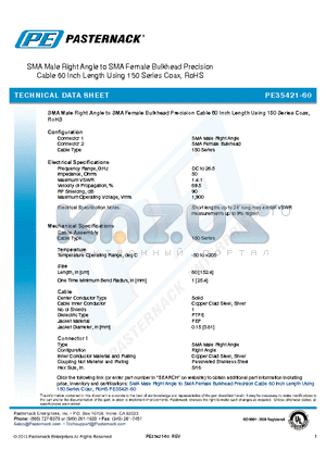 PE35421-60 datasheet - SMA Male Right Angle to SMA Female Bulkhead Precision Cable 60 Inch Length Using 150 Series Coax, RoHS
