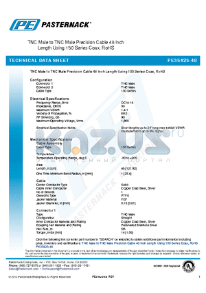 PE35423-48 datasheet - TNC Male to TNC Male Precision Cable 48 Inch Length Using 150 Series Coax, RoHS