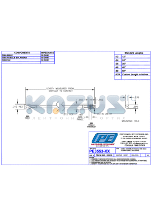 PE3553LF datasheet - CABLE ASSEMBLY, RG223/U SMA MALE TO SMA  FEMALE BULKHAED