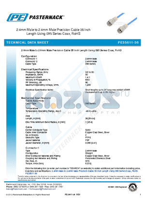 PE35611-36 datasheet - 2.4mm Male to 2.4mm Male Precision Cable 36 Inch Length Using 095 Series Coax, RoHS