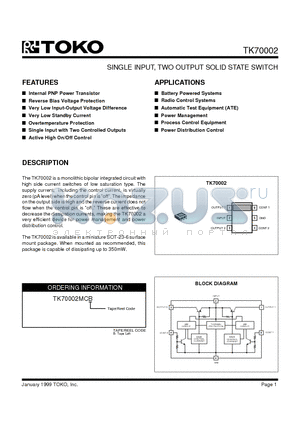 TK70002 datasheet - SINGLE INPUT, TWO OUTPUT SOLID STATE SWITCH