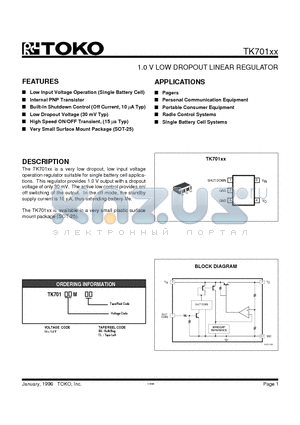 TK70110M datasheet - 1.0 V LOW DROPOUT LINEAR REGULATOR