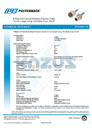 PE35952-18 datasheet - N Male to N Female Bulkhead Precision Cable 18 Inch Length Using 150 Series Coax, RoHS