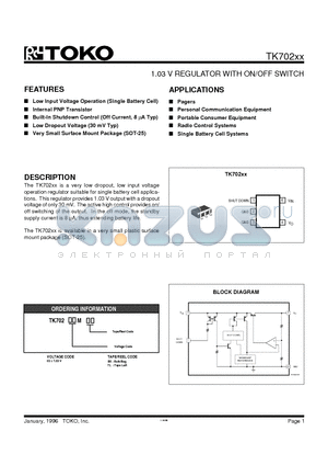 TK70203MTL datasheet - 1.03 V REGULATOR WITH ON/OFF SWITCH