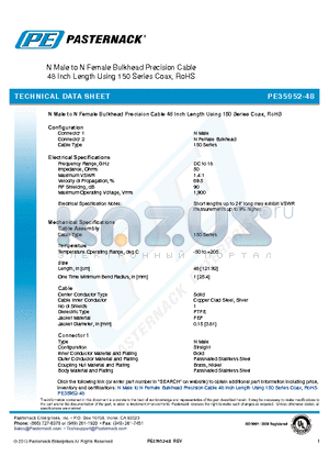 PE35952-48 datasheet - N Male to N Female Bulkhead Precision Cable 48 Inch Length Using 150 Series Coax, RoHS