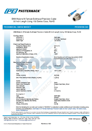 PE35954-30 datasheet - SMA Male to N Female Bulkhead Precision Cable 30 Inch Length Using 150 Series Coax, RoHS