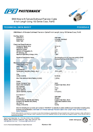 PE35954-6 datasheet - SMA Male to N Female Bulkhead Precision Cable 6 Inch Length Using 150 Series Coax, RoHS