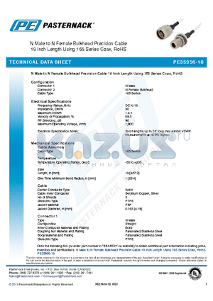 PE35956-18 datasheet - N Male to N Female Bulkhead Precision Cable 18 Inch Length Using 165 Series Coax, RoHS