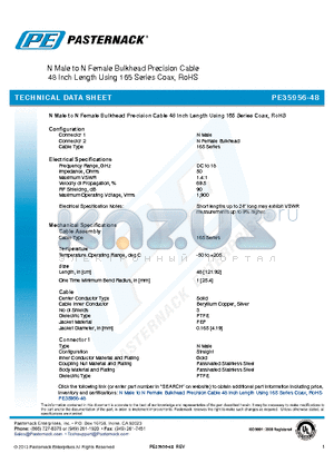 PE35956-48 datasheet - N Male to N Female Bulkhead Precision Cable 48 Inch Length Using 165 Series Coax, RoHS