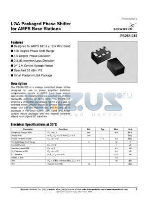 PS088-315 datasheet - LGA Packaged Phase Shifter for AMPS Base Stations