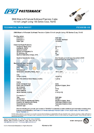 PE35958-18 datasheet - SMA Male to N Female Bulkhead Precision Cable 18 Inch Length Using 165 Series Coax, RoHS