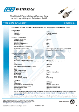 PE35958-24 datasheet - SMA Male to N Female Bulkhead Precision Cable 24 Inch Length Using 165 Series Coax, RoHS