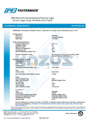 PE35958-48 datasheet - SMA Male to N Female Bulkhead Precision Cable 48 Inch Length Using 165 Series Coax, RoHS