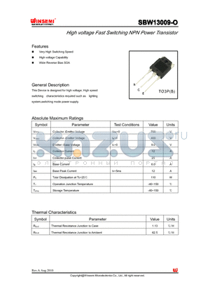 SBW13009-O datasheet - High voltage Fast Switching NPN Power Transistor