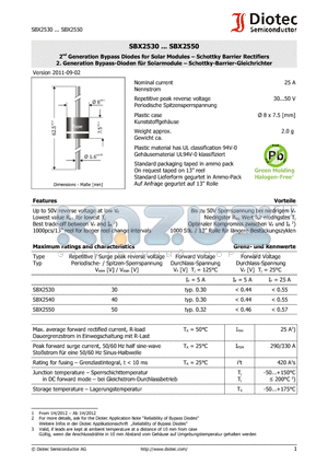 SBX2550 datasheet - 2nd Generation Bypass Diodes for Solar Modules - Schottky Barrier Rectifiers