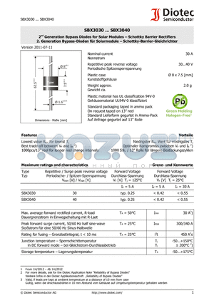 SBX3030 datasheet - 2nd Generation Bypass Diodes for Solar Modules - Schottky Barrier Rectifiers