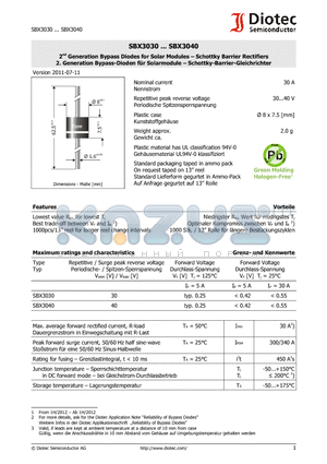 SBX3040 datasheet - 2nd Generation Bypass Diodes for Solar Modules - Schottky Barrier Rectifiers