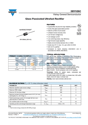 SBYV26CHE3-54 datasheet - Glass Passivated Ultrafast Rectifier