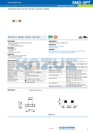 SMD-SPT datasheet - Surface Mount Fuse, 5 x 20 mm, Time-Lag T, H, 250 VAC, Au plating