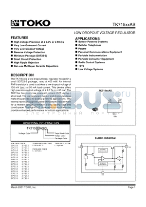 TK71515ASCL/15 datasheet - LOW DROPOUT VOLTAGE REGULATOR