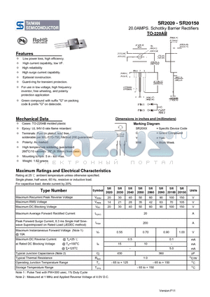 SR20100 datasheet - 20.0AMPS. Schottky Barrier Rectifiers