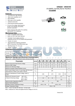 SR20150 datasheet - 20.0AMPS. Schottky Barrier Rectifiers High reliabbility