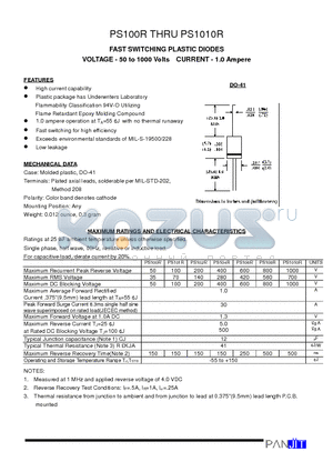 PS100R datasheet - FAST SWITCHING PLASTIC DIODES(VOLTAGE - 50 to 1000 Volts CURRENT - 1.0 Ampere)