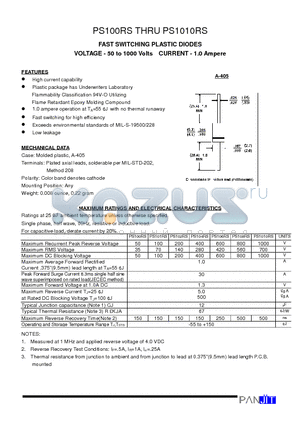 PS100RS datasheet - FAST SWITCHING PLASTIC DIODES(VOLTAGE - 50 to 1000 Volts CURRENT - 1.0 Ampere)