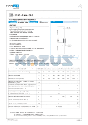 PS100RS datasheet - FAST RECOVERY PLASTIC RECTIFIER