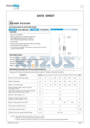 PS1010R datasheet - FAST RECOVERY PLASTIC RECTIFIER