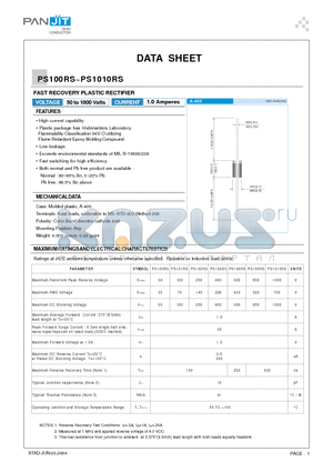 PS101RS datasheet - FAST RECOVERY PLASTIC RECTIFIER